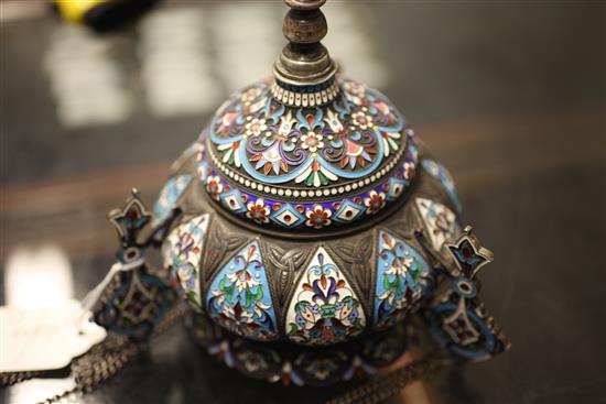 An early 20th century Russian for the Persian market silver and cloisonne enamel hanging mosque lamp, 6.25in.